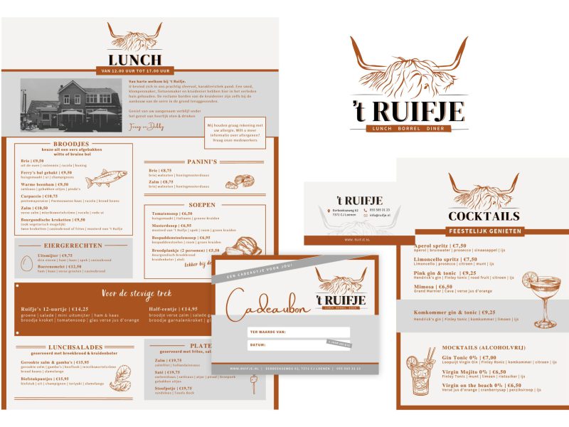 Portofolio item van Web-vormgever, grafische vormgeving voor een restaurant, lunch en dinerkaart, cadeaubon, logo en visitekaartjes
